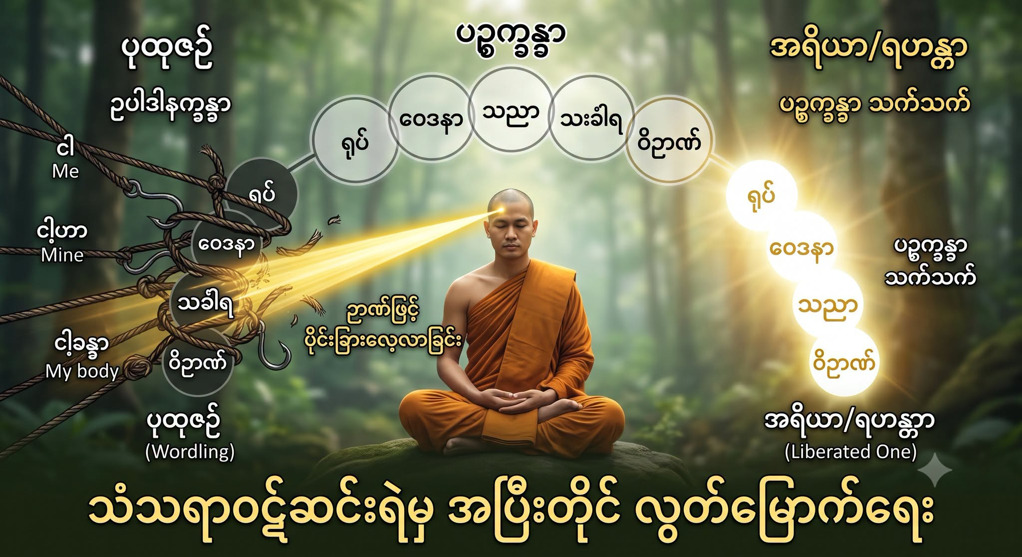 ပဉ္စက္ခန္ဓာနှင့် ဥပါဒါနက္ခန္ဓာ (ခန္ဓာငါးပါးအပေါ် ကပ်ငြိနေသော စွဲလမ်းမှုကို ဉာဏ်ဖြင့် ပိုင်းခြားလေ့လာခြင်း)