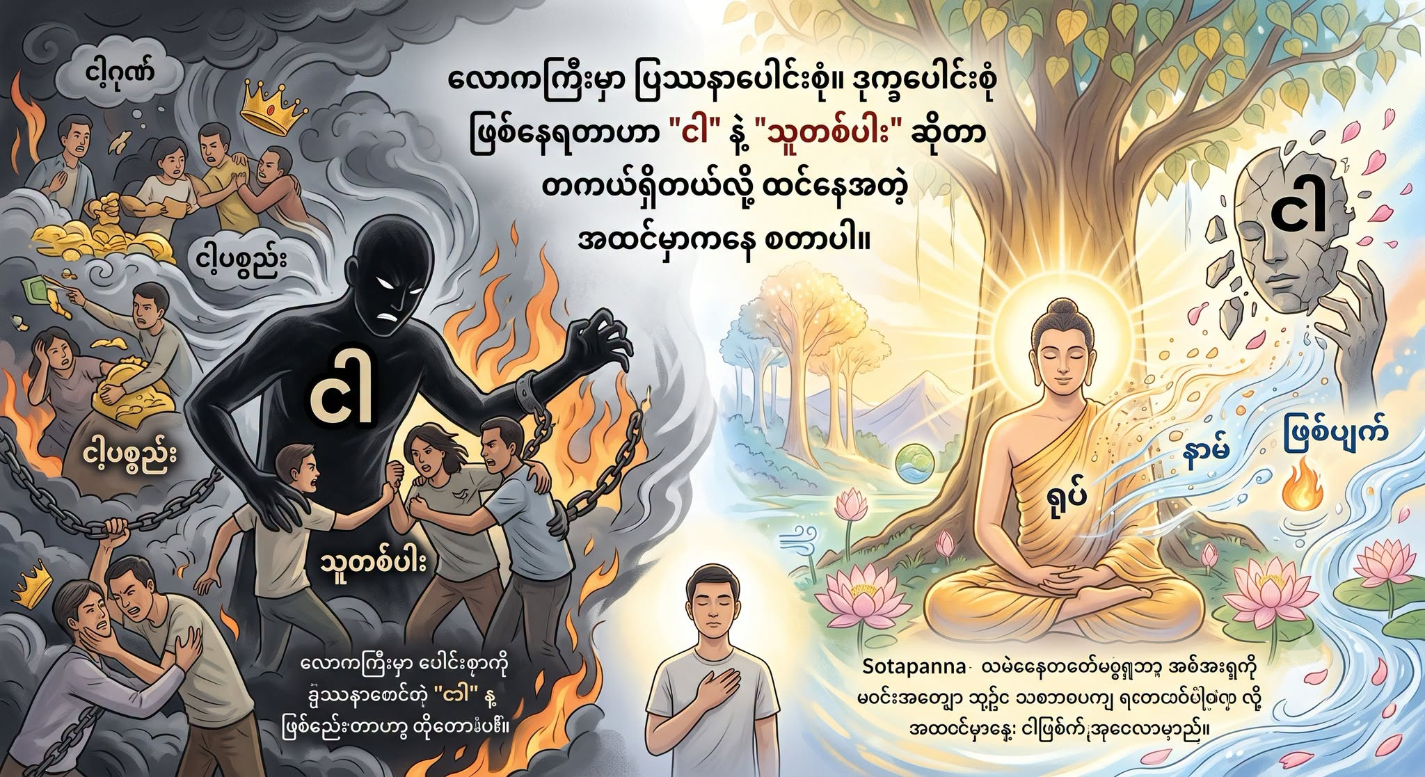 လောကကြီးမှာ ပြဿနာပေါင်းစုံ၊ ဒုက္ခပေါင်းစုံ ဖြစ်နေရတာဟာ “ငါ” နဲ့ “သူတစ်ပါး” ဆိုတာ တကယ်ရှိတယ်လို့ ထင်နေတဲ့ အထင်မှားကနေ စတာပါ။