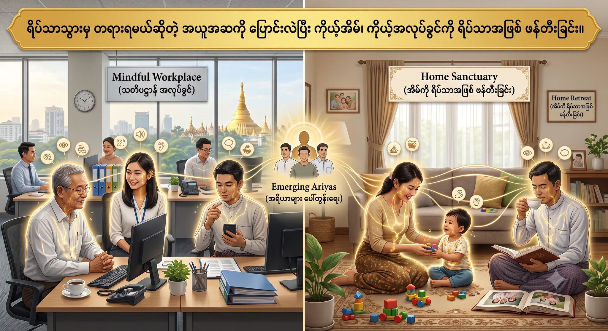 ရိပ်သာသွားမှ တရားရမယ်ဆိုတဲ့ အယူအဆကို ပြောင်းလဲပြီး ကိုယ့်အိမ်၊ ကိုယ့်အလုပ်ခွင်ကို ရိပ်သာအဖြစ် ဖန်တီးခြင်း။