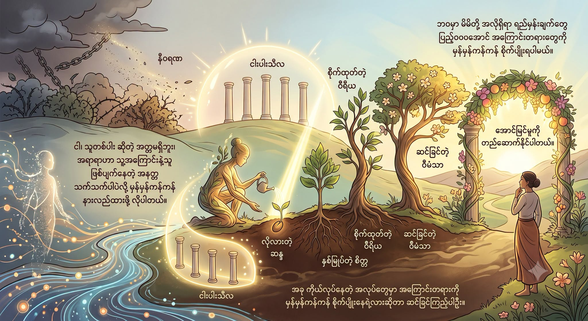 ငါ၊ သူတစ်ပါး ဆိုတဲ့ အတ္တမရှိဘူး၊ အရာရာဟာ သူ့အကြောင်းနဲ့သူ ဖြစ်ပျက်နေတဲ့ အနတ္တ သက်သက်ပါပဲလို့ မှန်မှန်ကန်ကန် နားလည်ထားဖို့ လိုပါတယ်။