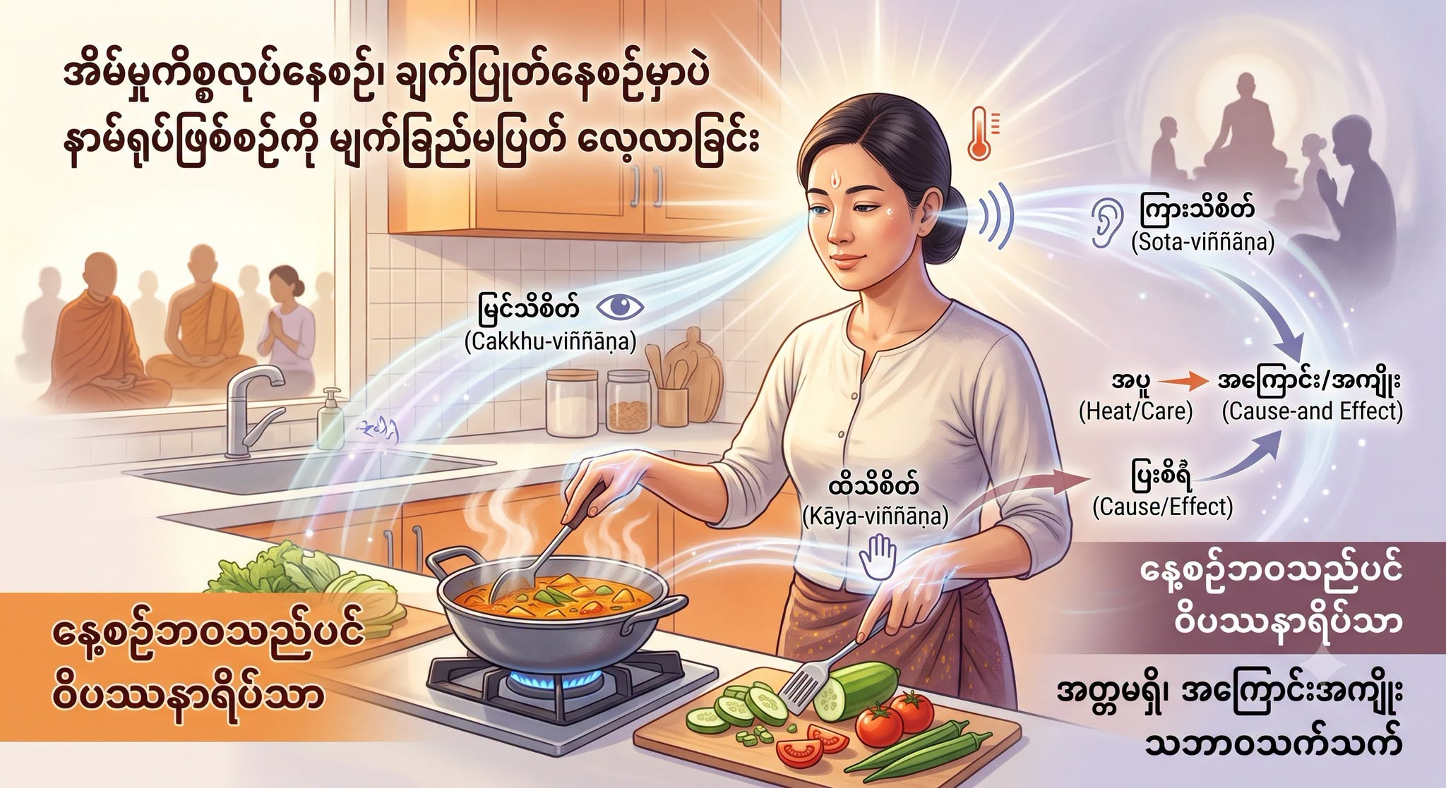 အိမ်မှုကိစ္စလုပ်နေစဉ်၊ ချက်ပြုတ်နေစဉ်မှာပဲ နာမ်ရုပ်ဖြစ်စဉ်ကို မျက်ခြည်မပြတ် လေ့လာခြင်း