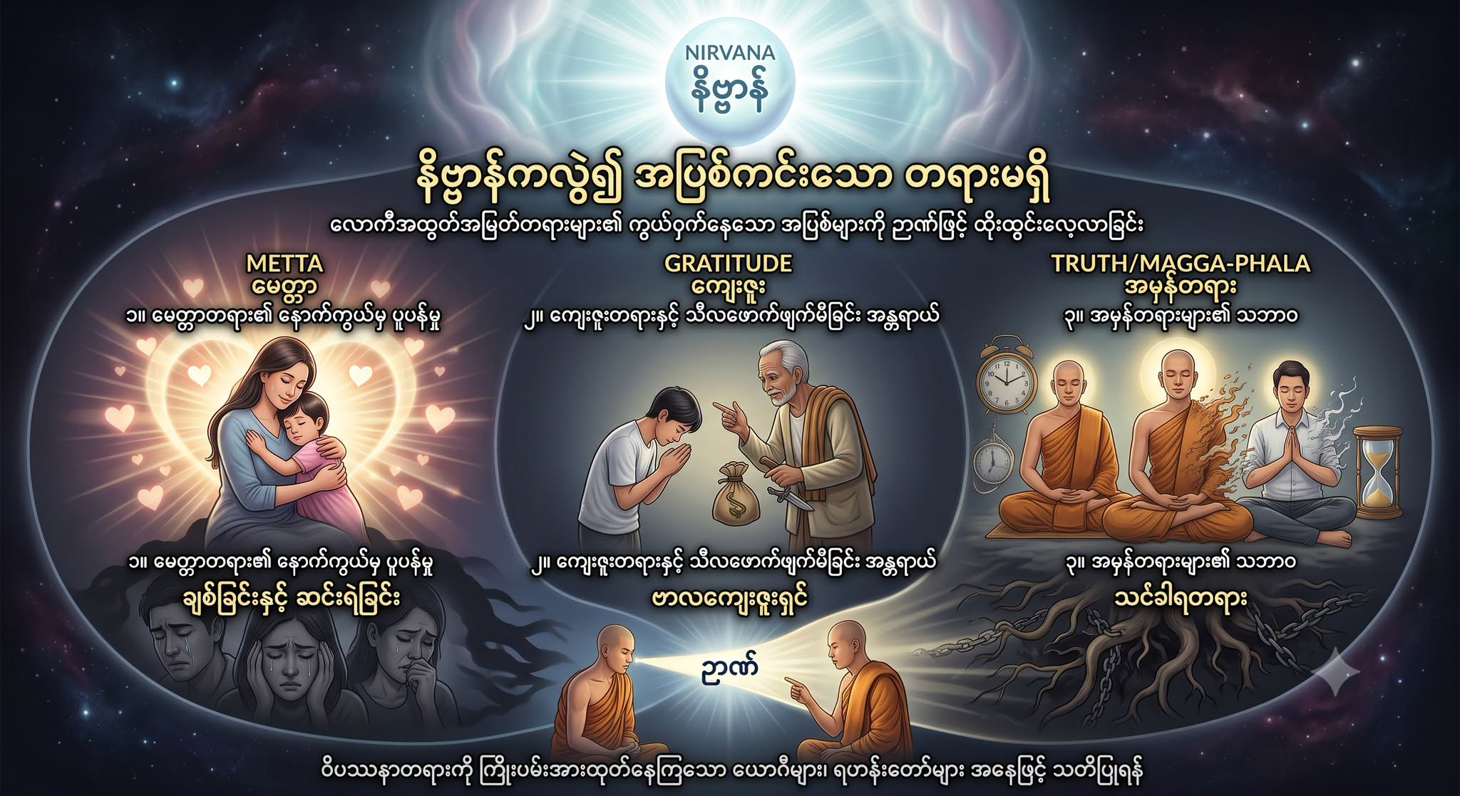 နိဗ္ဗာန်ကလွဲ၍ အပြစ်ကင်းသော တရားမရှိ (လောကီအထွတ်အမြတ်တရားများ၏ ကွယ်ဝှက်နေသော အပြစ်များကို ဉာဏ်ဖြင့် ထိုးထွင်းလေ့လာခြင်း)
