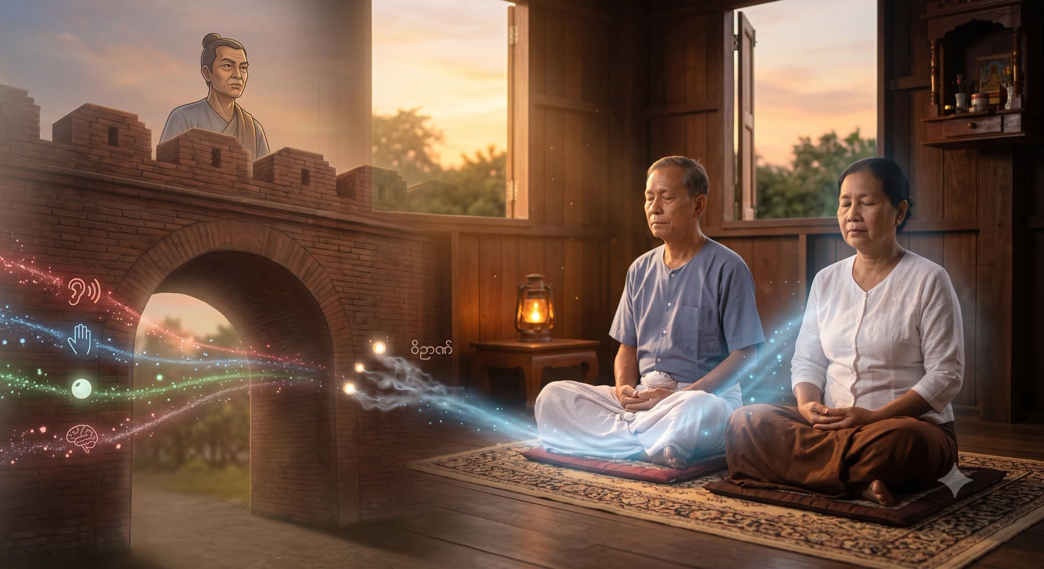 မျက်စိ၊ နား စတဲ့ တံခါးပေါက်တွေကနေ ဝင်လာတဲ့ အာရုံတွေကို အကဲခတ်ပြီး အသိဉာဏ်နဲ့ ထိန်းကျောင်းခြင်း