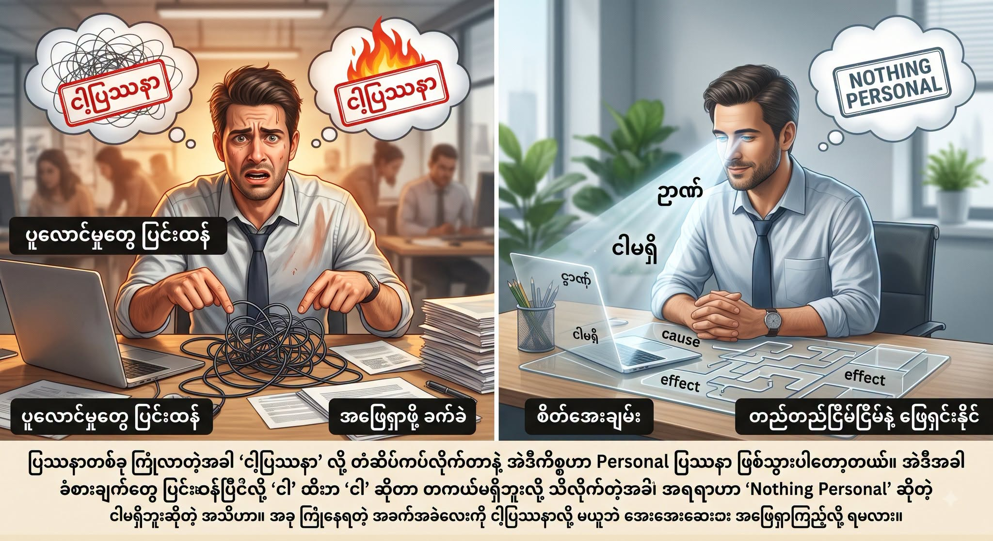 ပြဿနာတစ်ခု ကြုံလာတဲ့အခါ “ငါ့ပြဿနာ” လို့ တံဆိပ်ကပ်လိုက်တာနဲ့ အဲဒီကိစ္စဟာ Personal ပြဿနာ ဖြစ်သွားပါတော့တယ်။