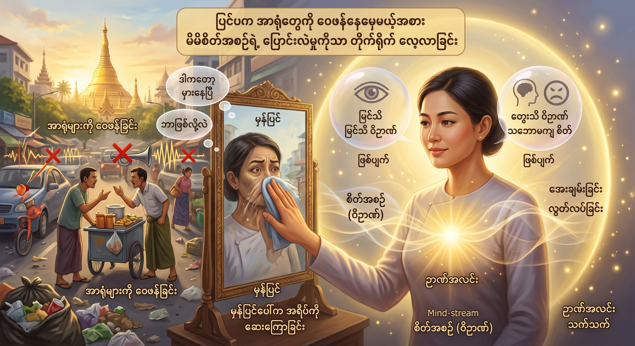 ပြင်ပက အာရုံတွေကို ဝေဖန်နေမယ့်အစား မိမိစိတ်အစဉ်ရဲ့ ပြောင်းလဲမှုကိုသာ တိုက်ရိုက် လေ့လာခြင်း