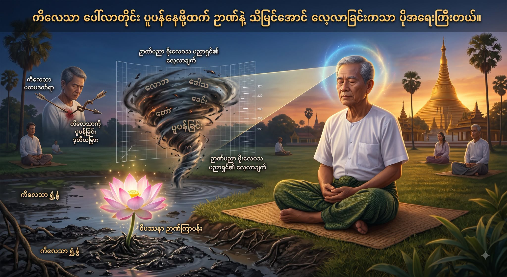 ကိလေသာ ပေါ်လာတိုင်း ပူပန်နေဖို့ထက် ဉာဏ်နဲ့ သိမြင်အောင် လေ့လာခြင်းကသာ ပိုအရေးကြီးတယ်။