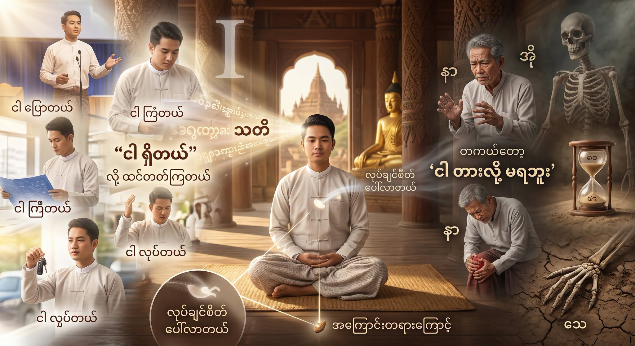 နေ့စဉ်ဘဝမှာ ကိုယ်ပြောချင်တာ ပြောနိုင်တယ်၊ ကြံစည်ချင်တာ ကြံစည်နိုင်တယ်၊ လုပ်ချင်တာကို လုပ်နိုင်တယ်ဆိုပြီး “ငါ” ဆိုတဲ့ အထည်ကိုယ်ကြီး ရှိတယ်၊ “ငါ့ပိုင်ဆိုင်မှု” ရှိတယ်လို့ ထင်နေတတ်ကြတယ်။