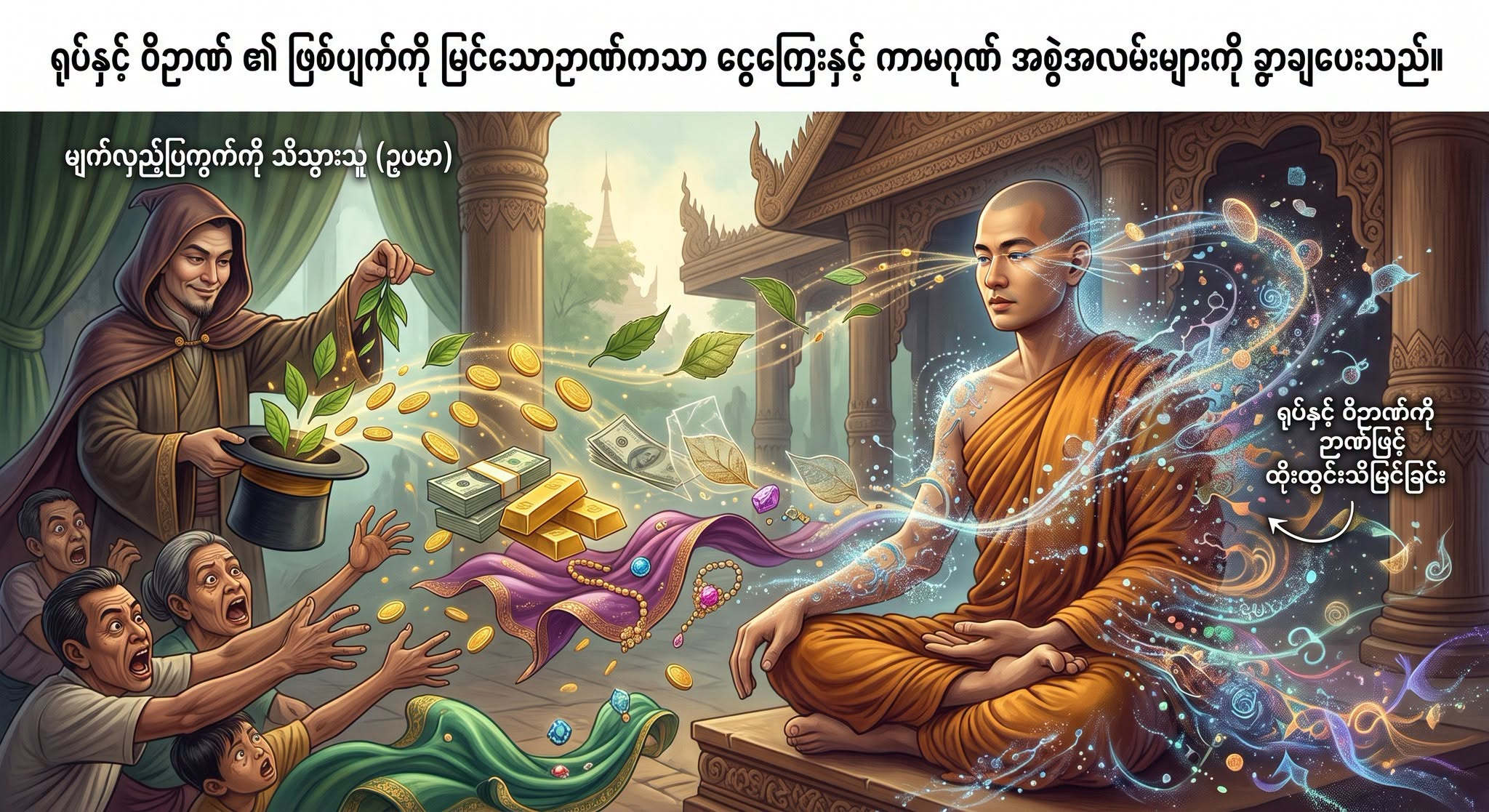 ရုပ်နှင့် ဝိဉာဏ် ၏ ဖြစ်ပျက်ကို မြင်သောဉာဏ်ကသာ ငွေကြေးနှင့် ကာမဂုဏ် အစွဲအလမ်းများကို ခွာချပေးသည်။