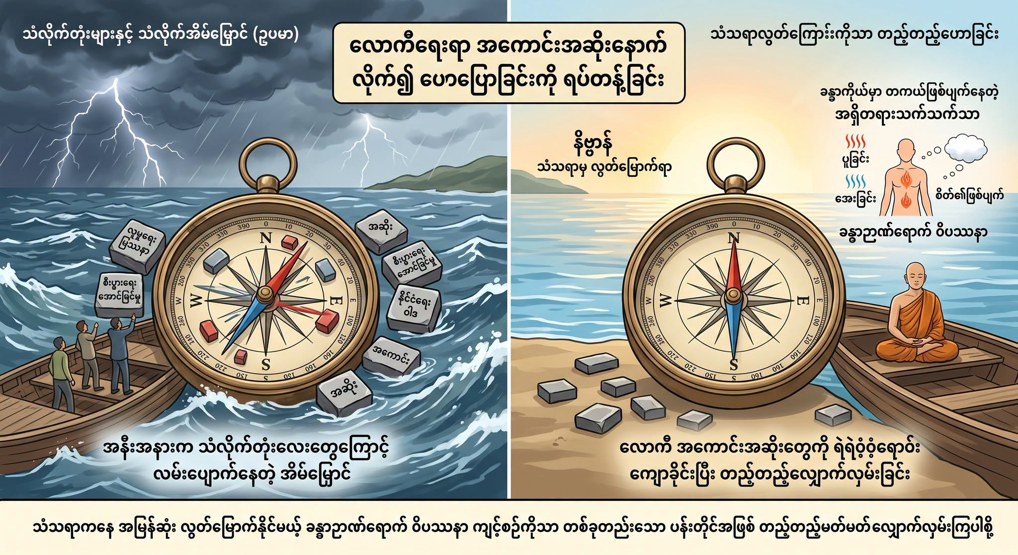 လောကီရေးရာ အကောင်းအဆိုးများနောက် လိုက်၍ ဟောပြောခြင်းကို ရပ်တန့်ခြင်း။