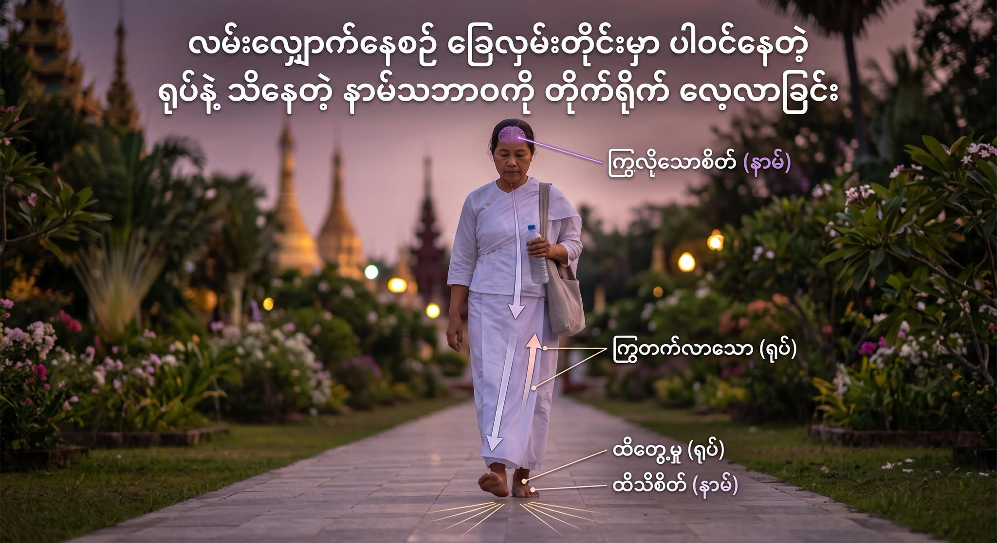 လမ်းလျှောက်နေစဉ် ခြေလှမ်းတိုင်းမှာ ပါဝင်နေတဲ့ ရုပ်နဲ့ သိနေတဲ့ နာမ်သဘာဝကို တိုက်ရိုက် လေ့လာခြင်း