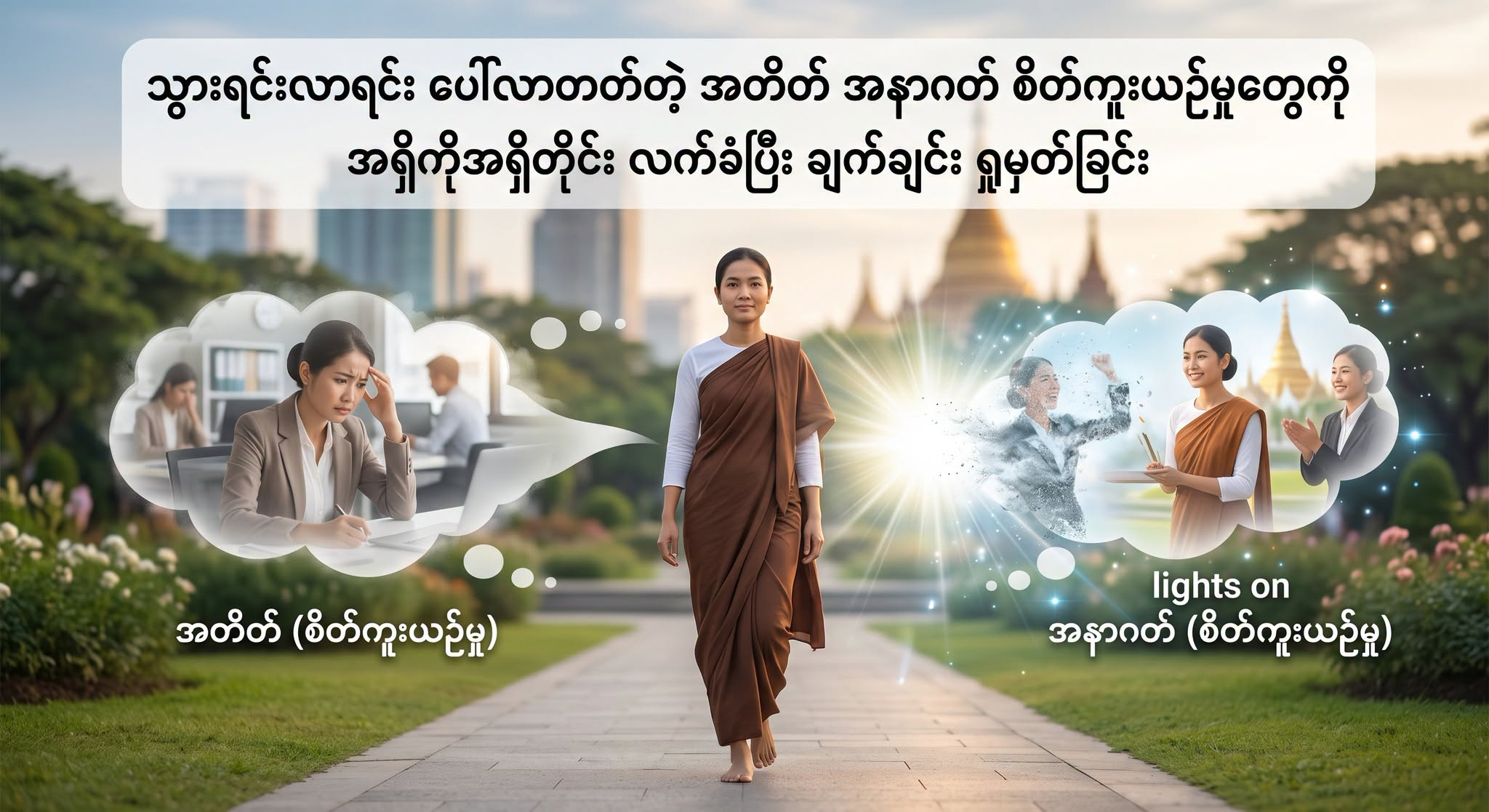 သွားရင်းလာရင်း ပေါ်လာတတ်တဲ့ အတိတ် အနာဂတ် စိတ်ကူးယဉ်မှုတွေကို အရှိကိုအရှိတိုင်း လက်ခံပြီး ချက်ချင်း ရှုမှတ်ခြင်း