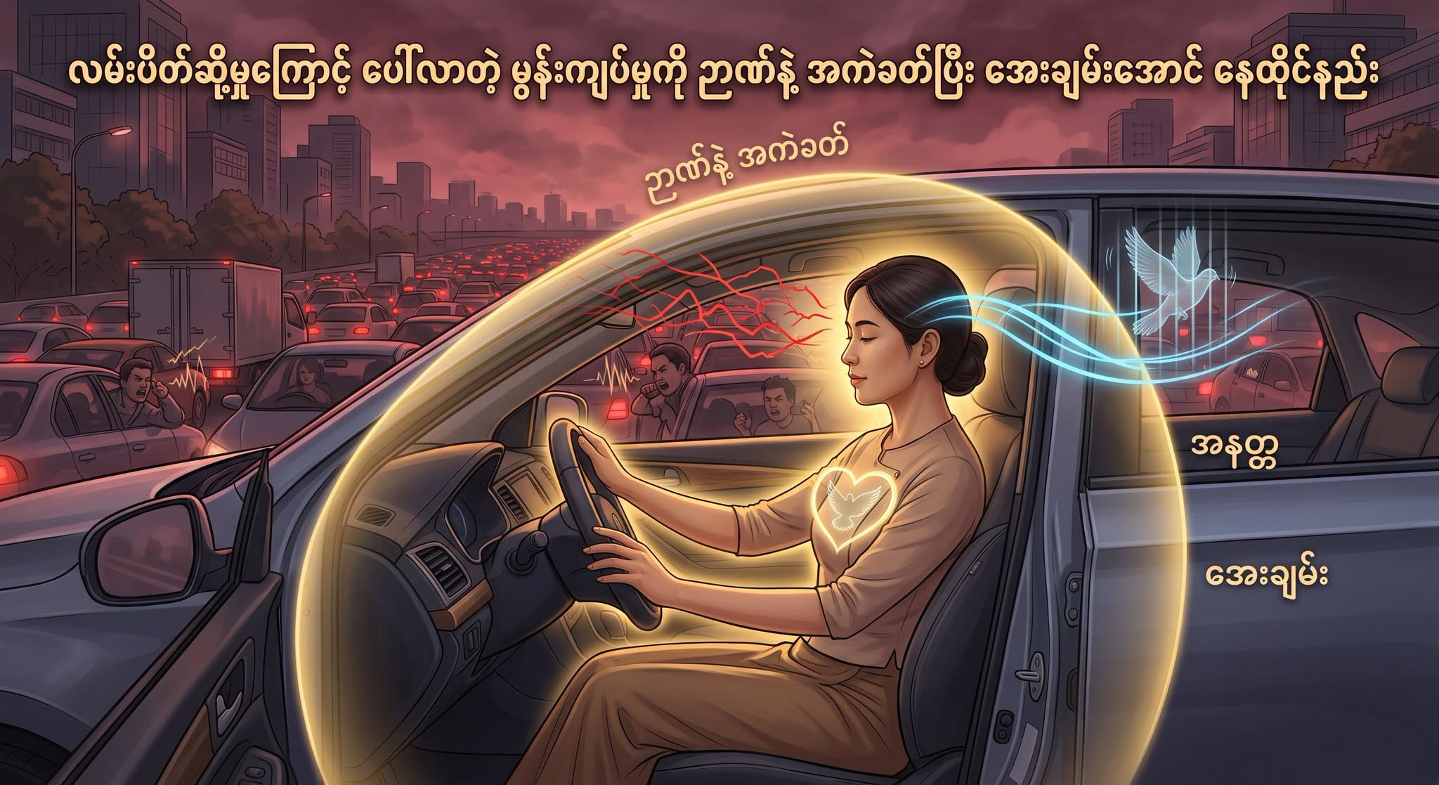 လမ်းပိတ်ဆို့မှုကြောင့် ပေါ်လာတဲ့ မွန်းကျပ်မှုကို ဉာဏ်နဲ့ အကဲခတ်ပြီး အေးချမ်းအောင် နေထိုင်နည်း