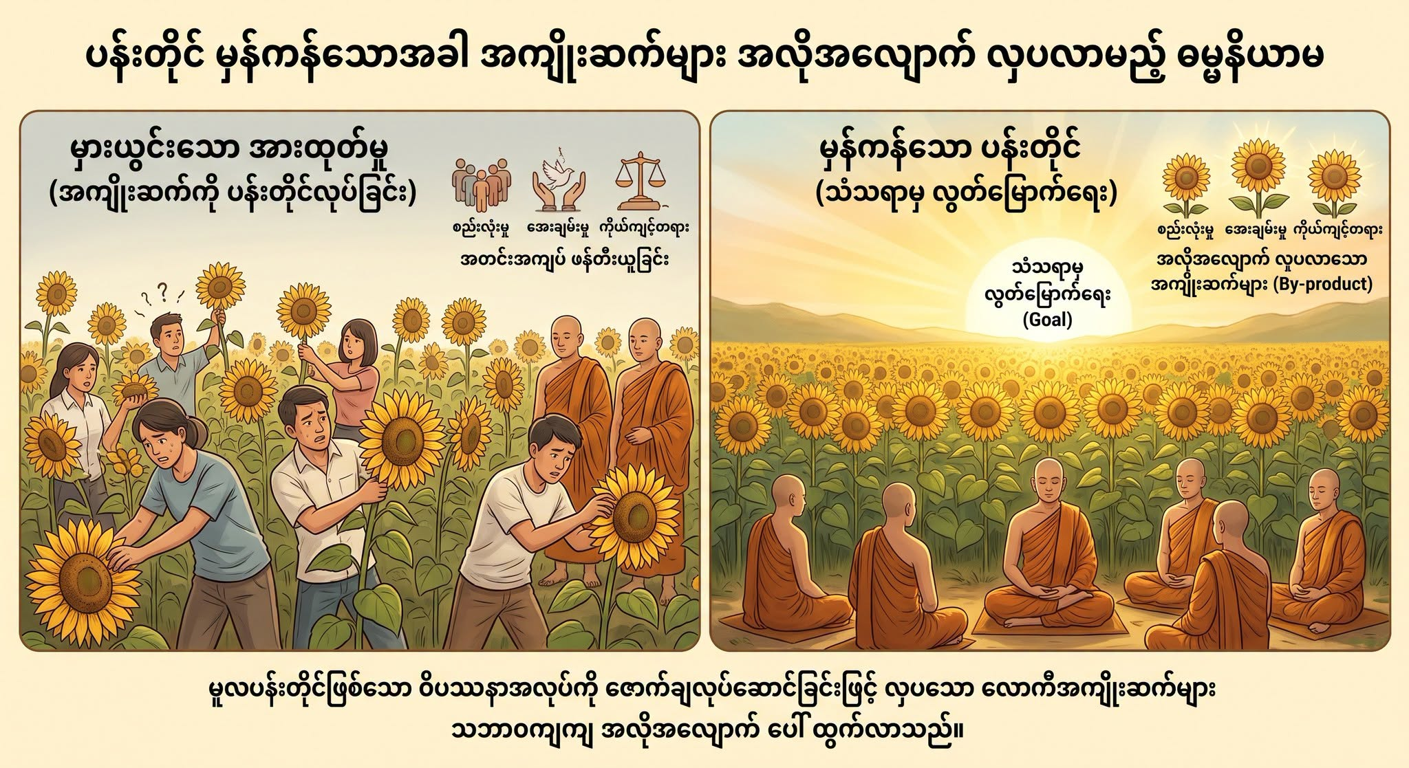 ပန်းတိုင် မှန်ကန်သွားသောအခါ အကျိုးဆက်များ အလိုလို လှပလာမည့် ဓမ္မနိယာမ
