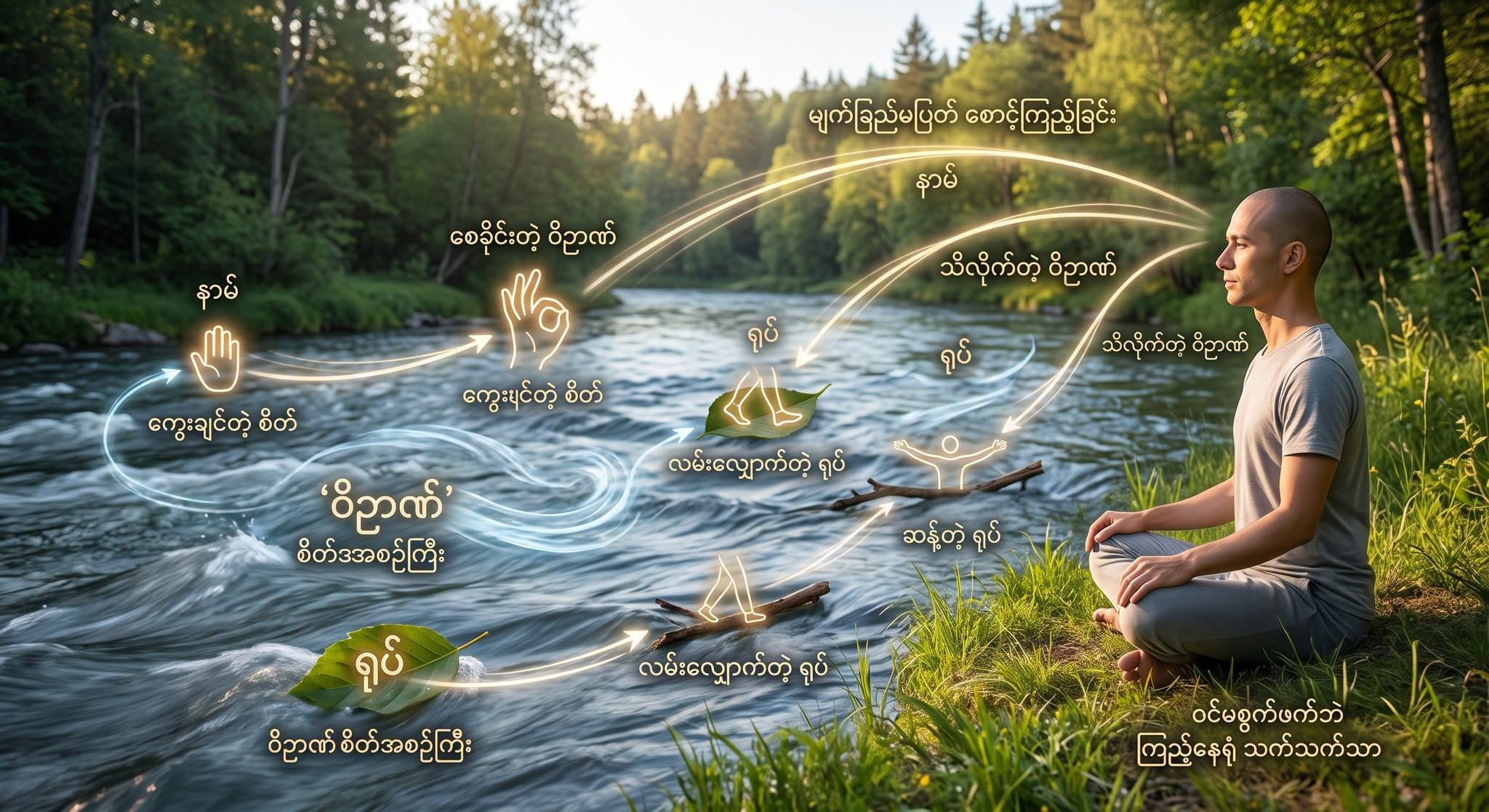 လှုပ်ရှားနေတဲ့ ခန္ဓာကိုယ်နဲ့ အစဉ်မပြတ် ပြောင်းလဲနေတဲ့ စိတ်အစဉ်ကို မျက်ခြည်မပြတ် စောင့်ကြည့်ခြင်း