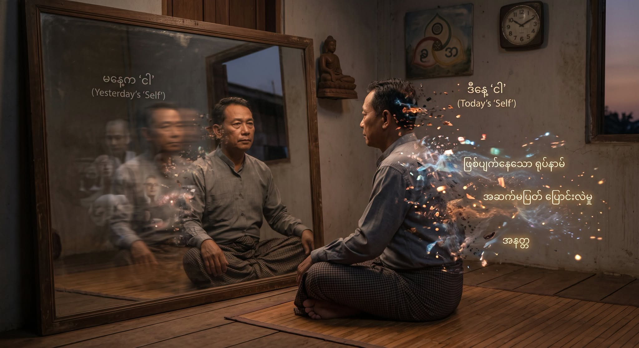 “ငါ” ဆိုတဲ့ သဘောတရားက မနေ့က “ငါ” နဲ့ ဒီနေ့ “ငါ” ဟာ တစ်ယောက်တည်းပဲ၊ အတူတူပဲလို့ ကျွန်တော်တို့ကို ထင်ယောင်ထင်မှား ဖြစ်စေပါတယ်။