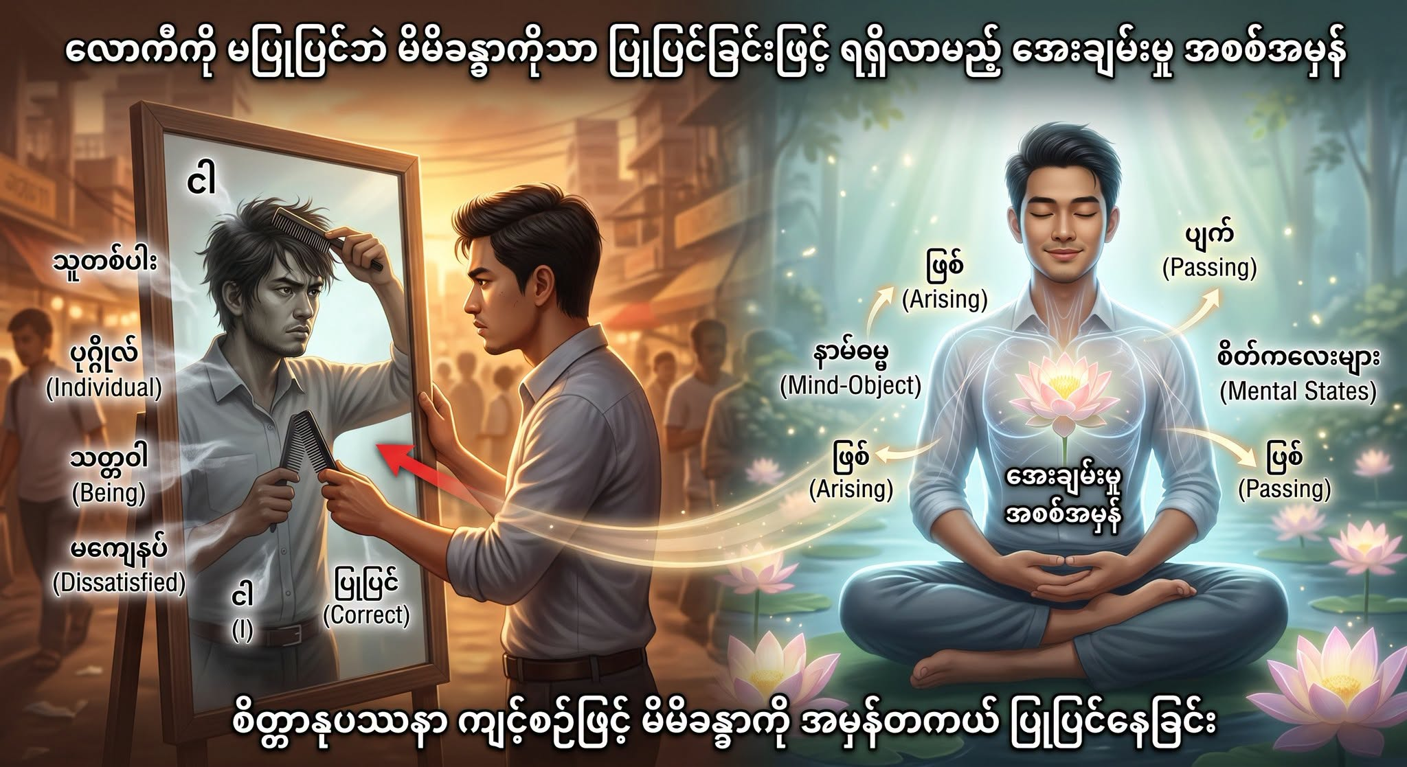 လောကီကို မပြုပြင်ဘဲ မိမိခန္ဓာကိုသာ ပြုပြင်ခြင်းဖြင့် ရရှိလာမည့် အေးချမ်းမှု အစစ်အမှန်