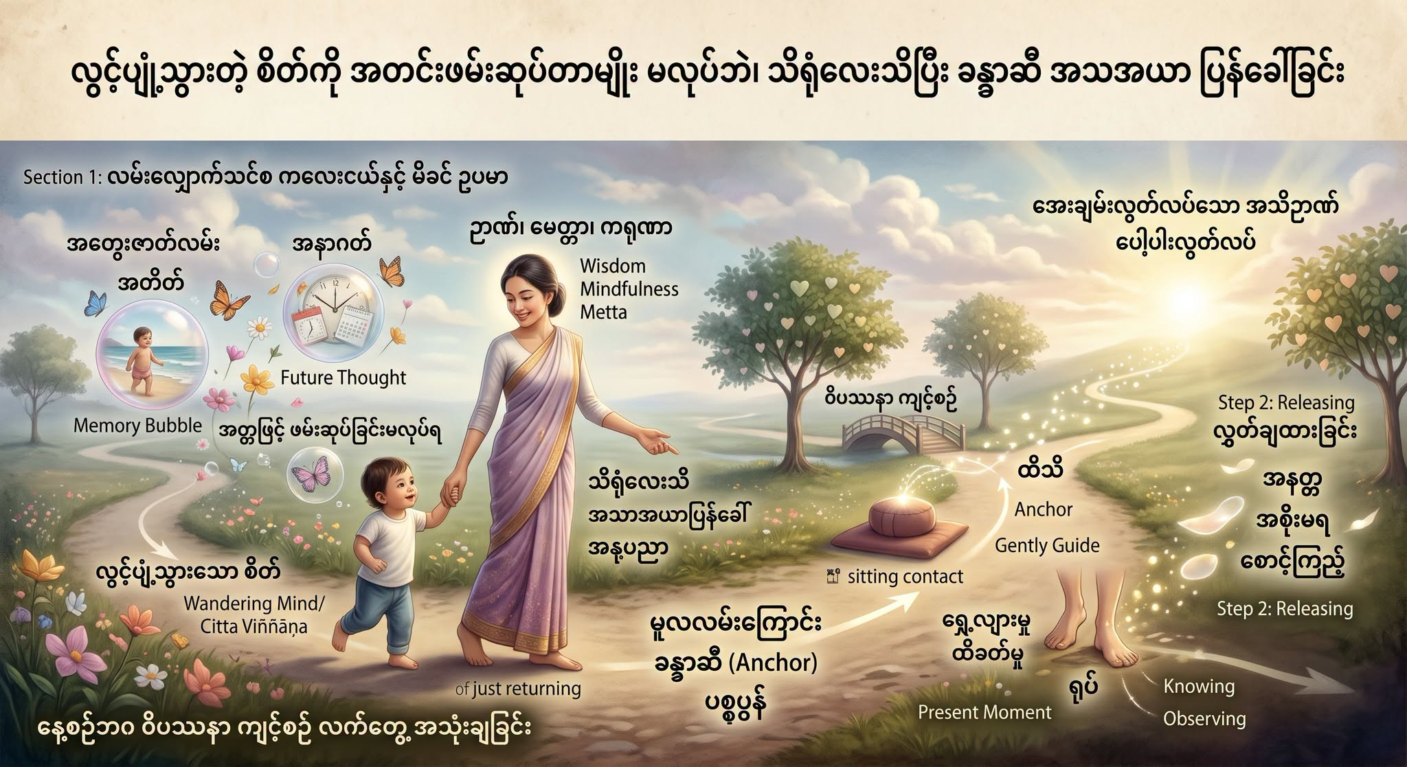 လွင့်ပျံ့သွားတဲ့ စိတ်ကို အတင်းဖမ်းဆုပ်တာမျိုး မလုပ်ဘဲ၊ သိရုံလေးသိပြီး ခန္ဓာဆီ အသာအယာ ပြန်ခေါ်ခြင်း